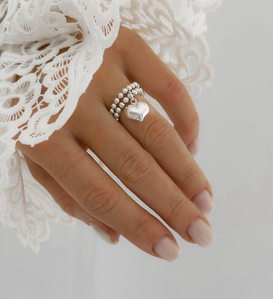 Silver Stretch Heart Charm Ring, Women's Rings