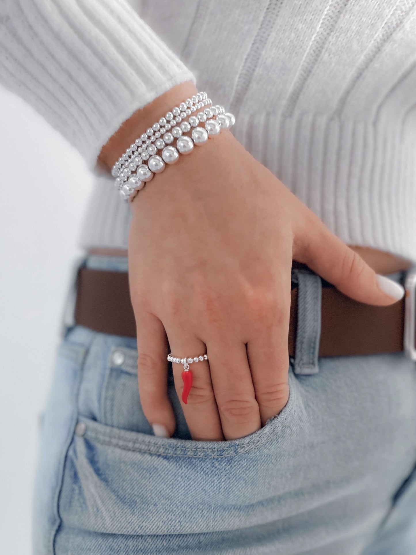 Silver Red Stretch Charm Ring, I Silver Rings, Stacked Rings