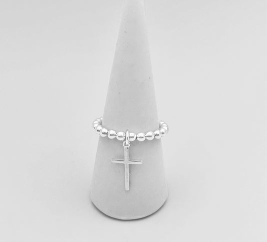 Silver Stretch Cross Charm Ring, Stacked Rings, Women's Rings