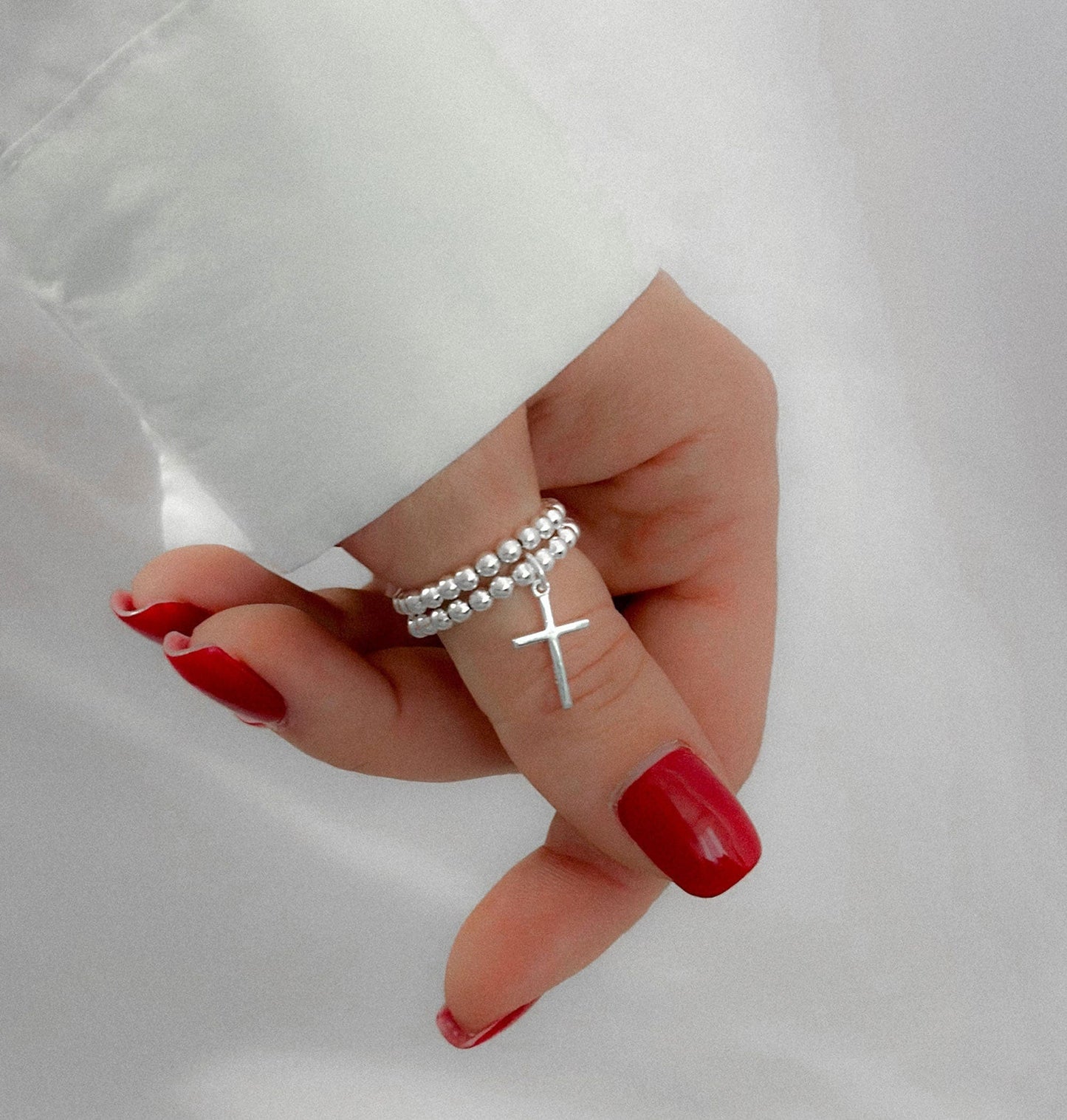 Silver Stretch Cross Charm Ring, Stacked Rings, Women's Rings