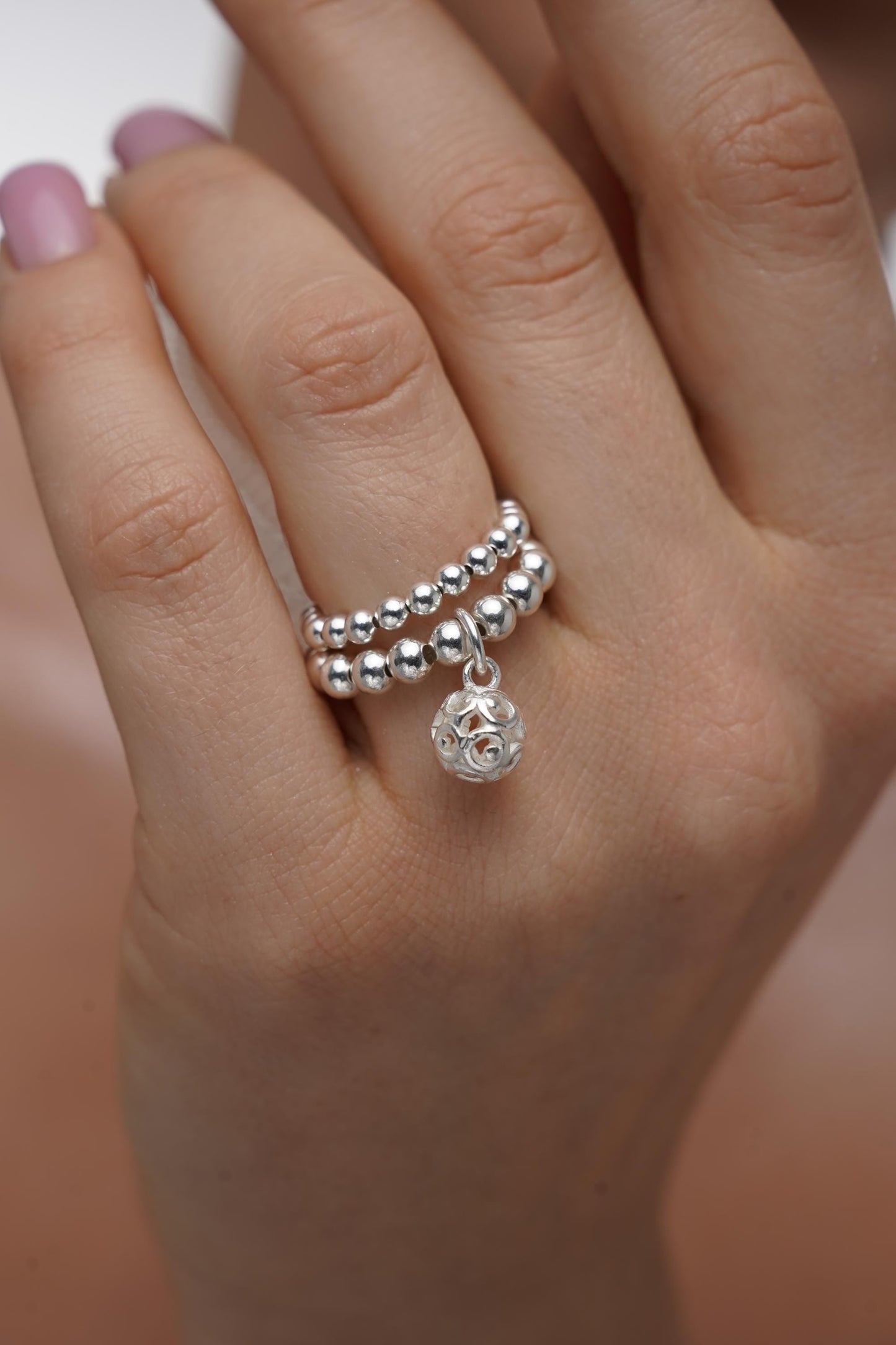Silver Stretch Bead Charm Ring, Women's Rings