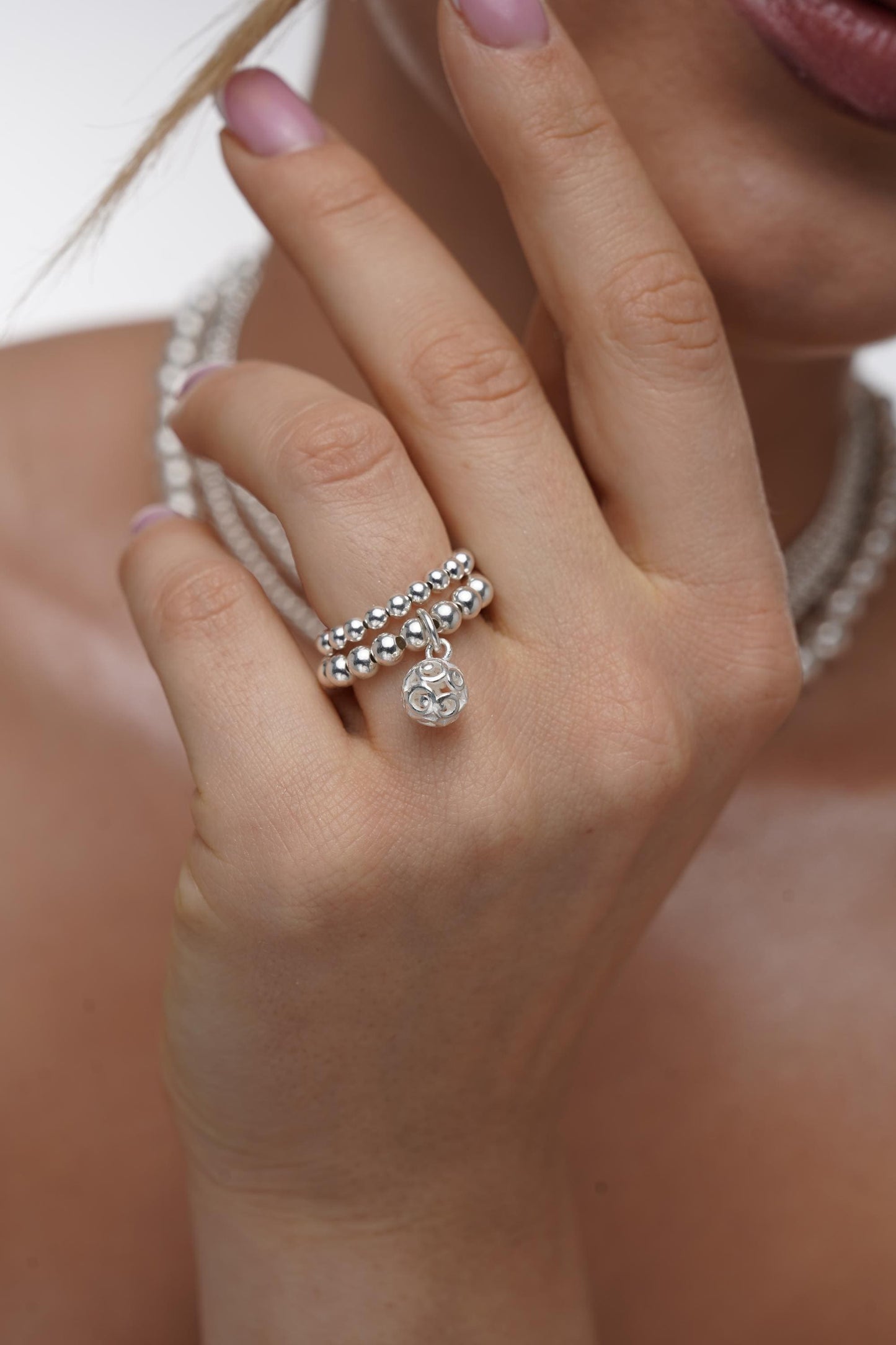Silver Stretch Bead Charm Ring, Women's Rings