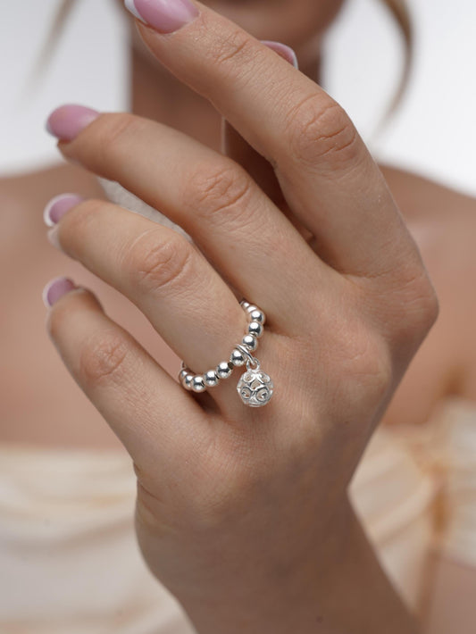 Silver Stretch Bead Charm Ring, Women's Rings