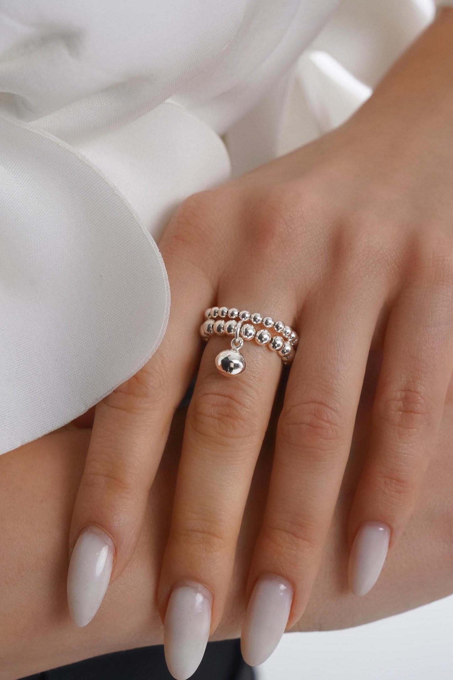 Silver Stretch Bead Charm Ring (Stack of 2), Women's Rings