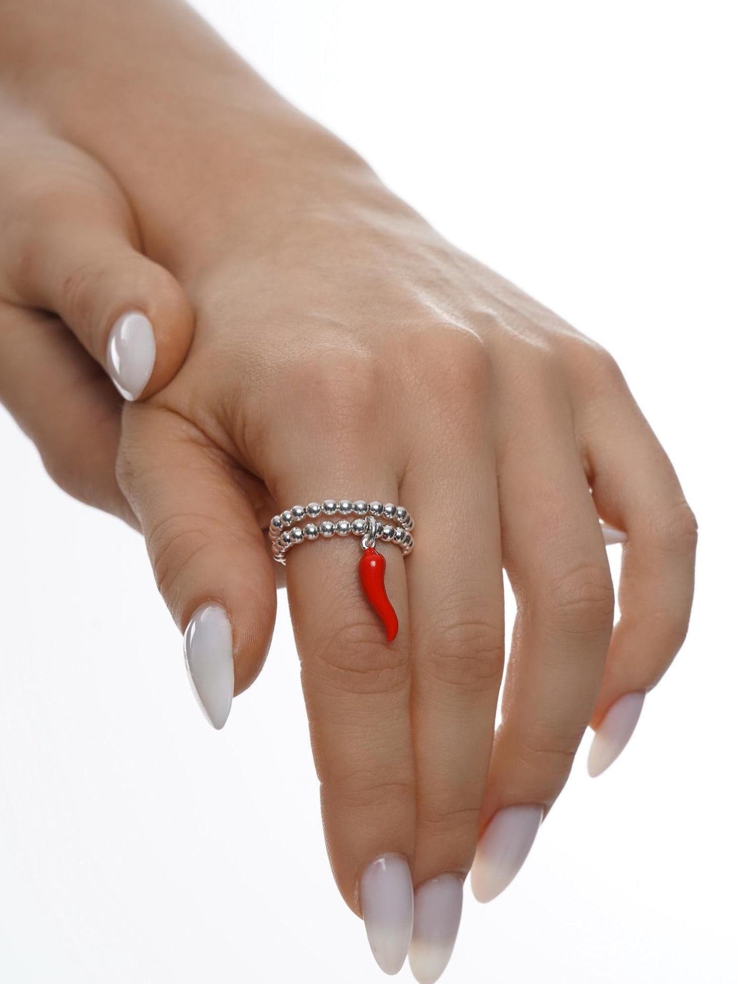 Silver Red Stretch Charm Ring, I Silver Rings, Stacked Rings