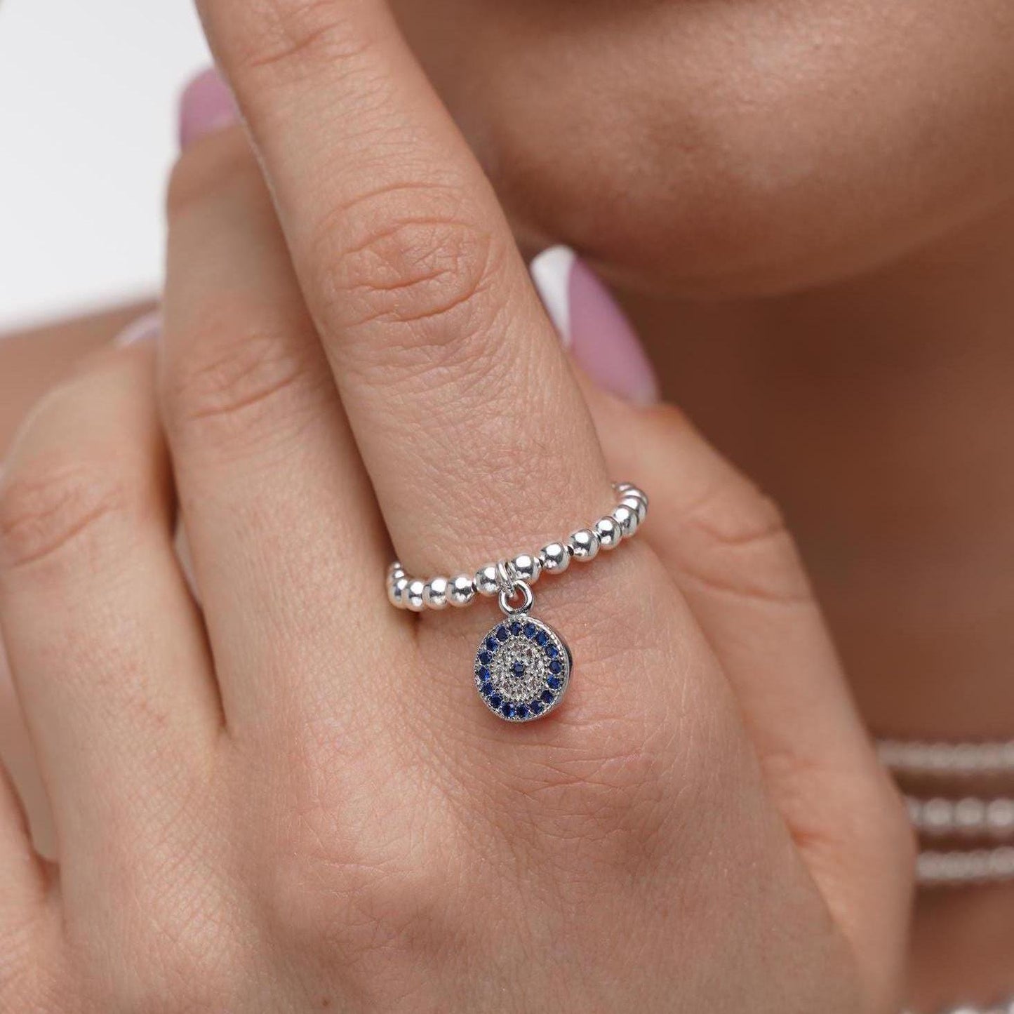 Eye Stretch Charm Ring, Evil Eye, Silver Rings, Stacked Rings